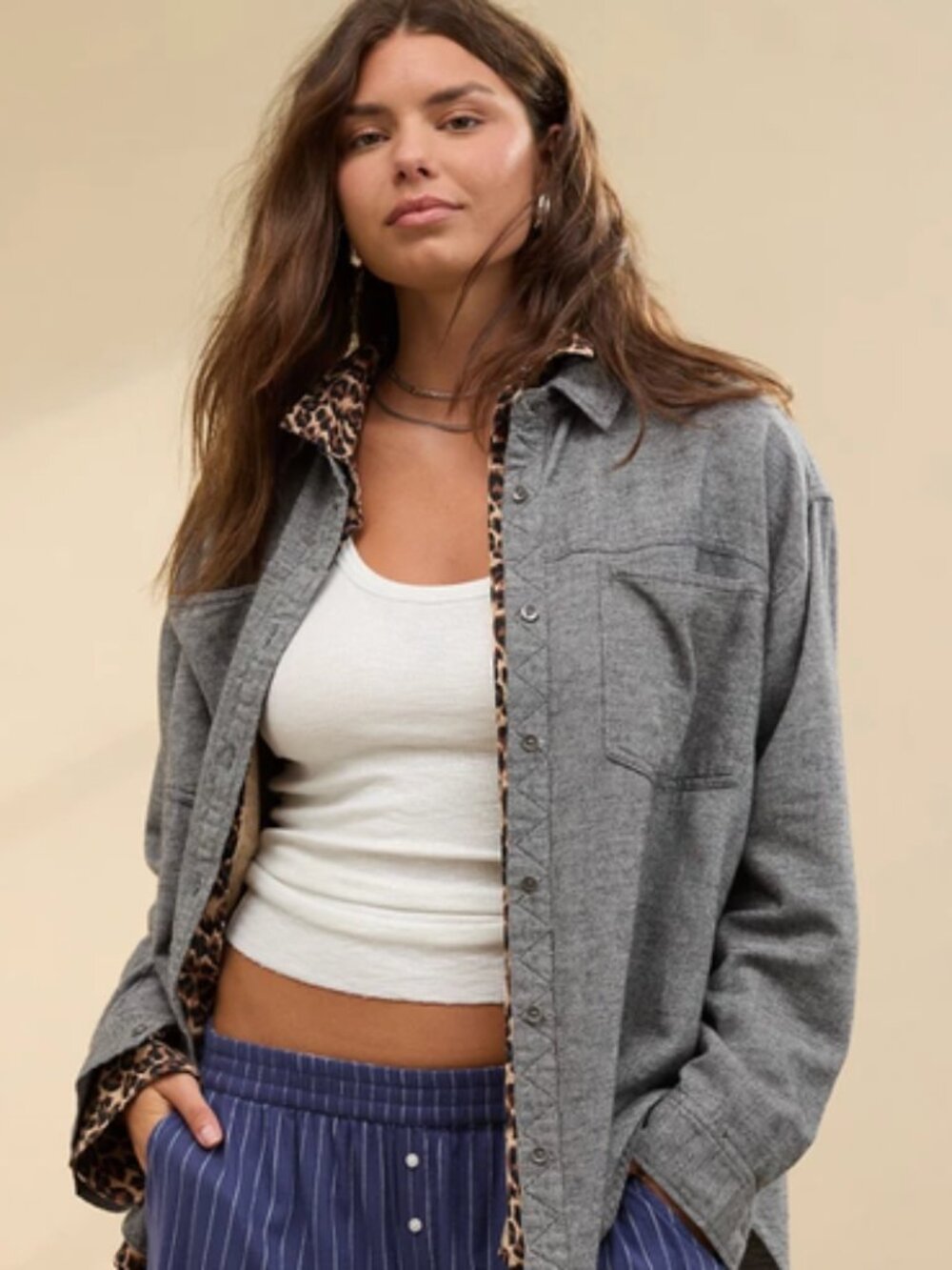 Aerie NWT Anytime Fave Twill Shirt Smoked Gray Oversized XS